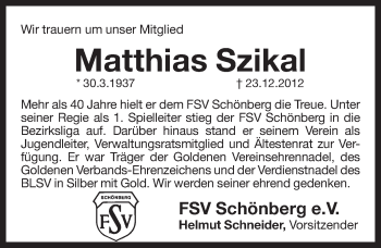 Traueranzeige von Matthias Szikal von Pegnitz-Zeitung